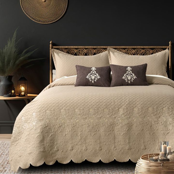 Mughlai quilted bedding set of 5 with intricate patterns, luxurious fabric, and rich colors, from The Gharnish bedding collection.