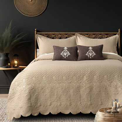 Mughlai quilted bedding set of 5 with intricate patterns, luxurious fabric, and rich colors, from The Gharnish bedding collection.