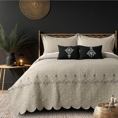 Mughlai quilted bedding set of 5 by The Gharnish, featuring intricate patterns and luxurious fabric for a regal bedroom look.