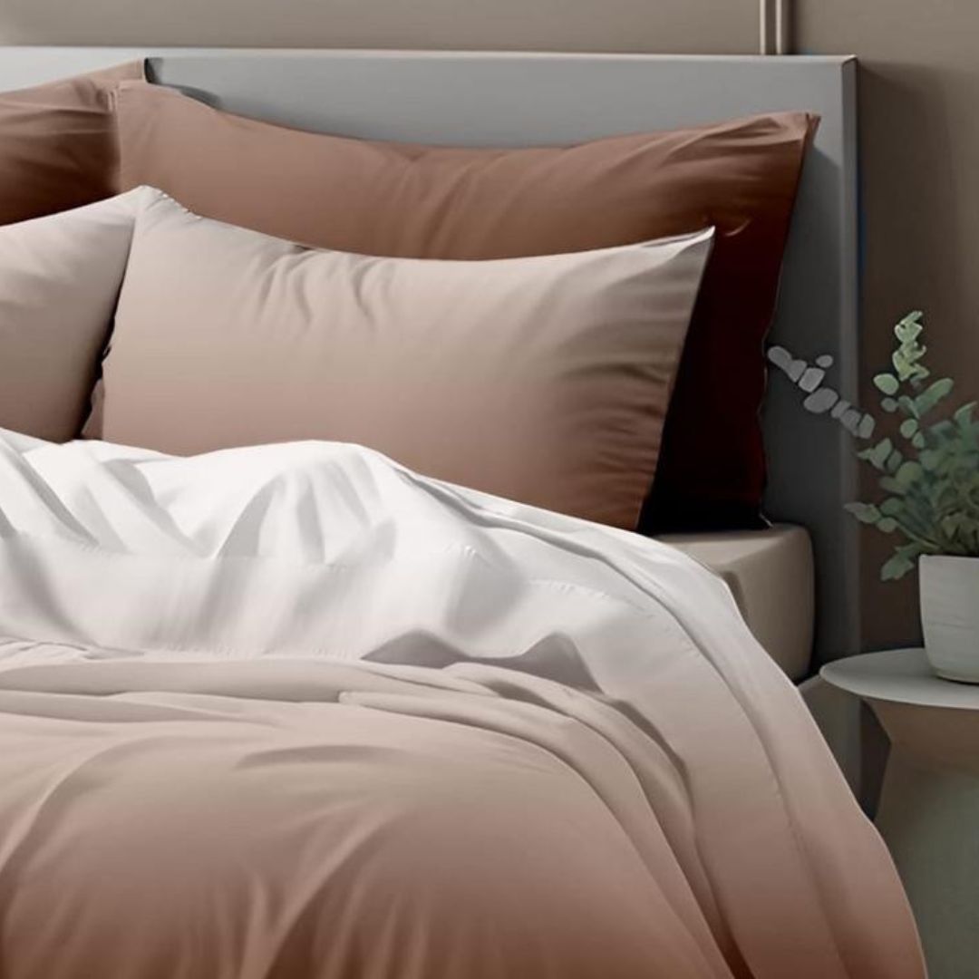 Colorful cotton bedding set of 3 from The Gharnish with Ombrey design, featuring vibrant patterns on smooth, 300 thread count fabric.