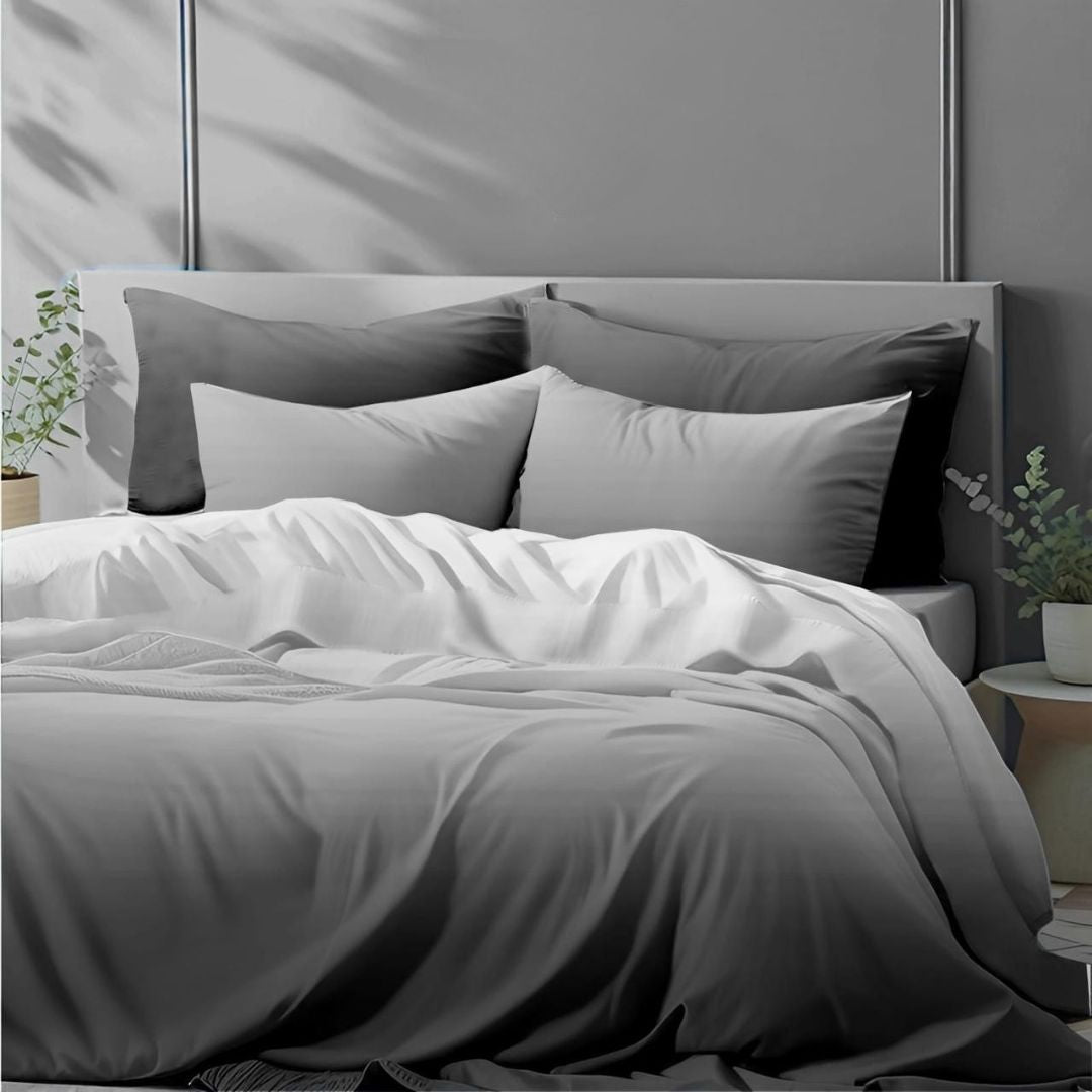 Colorful cotton bedding set by The Gharnish featuring ombre design, includes three-piece 300 thread count bedding ensemble.