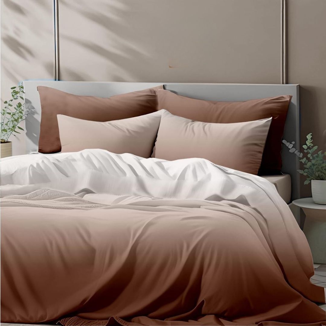 Colorful cotton bedding set from The Gharnish with ombre design, includes 3 pieces, high 300 thread count for comfortable sleep.