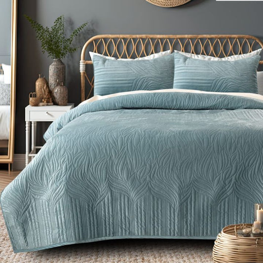 Pluton 3-piece quilted luxurious bedding set by The Gharnish, featuring soft, quilted fabric in a stylish bedding display.