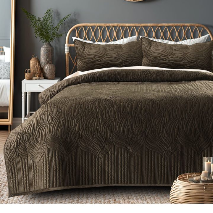 Pluton 3-piece quilted luxurious bedding set by The Gharnish with soft, textured fabric and elegant design for a cozy bedroom.