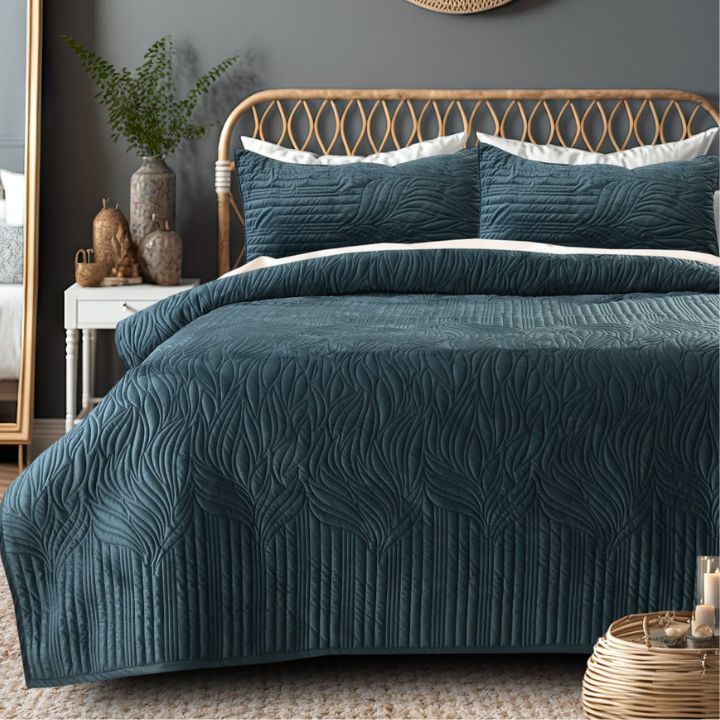 Pluton 3-piece quilted luxurious bedding set by The Gharnish, featuring elegant quilted design and soft fabric for a cozy bedroom.