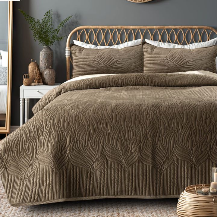 Pluton 3-piece quilted bedding set by The Gharnish featuring luxurious, plush fabric with intricate quilting design for a stylish bedroom look.