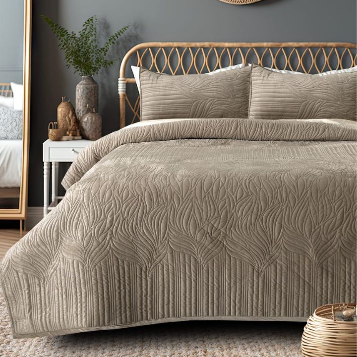 Pluton 3-piece quilted luxurious bedding set by The Gharnish, featuring elegant quilting and plush fabric for a cozy bedroom.