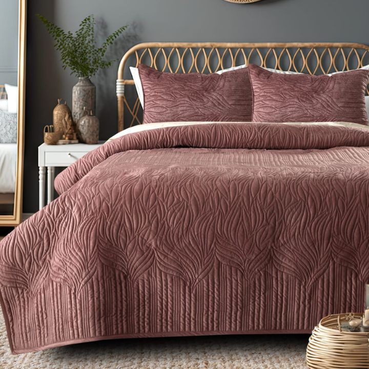 Pluton 3-piece quilted luxurious bedding set by The Gharnish featuring elegant quilted design and soft fabric for a cozy bedroom look.