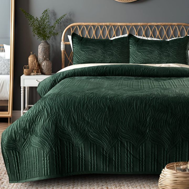 Luxurious Pluton 3-piece quilted bedding set by The Gharnish, featuring a plush, elegant design perfect for a cozy bedroom.