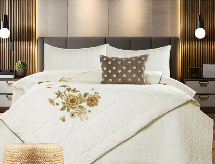 Quilted bedding set with embroidery, 5-piece Orchid Designer's Choice by The Gharnish, featuring detailed floral patterns and soft fabric.