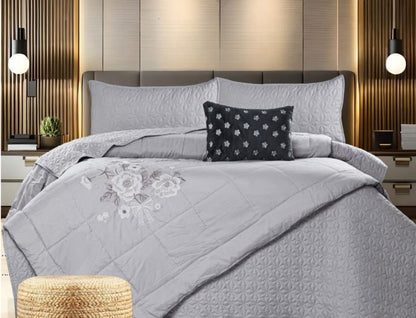 Quilted bedding set with embroidery, 5-piece Orchid Designer's Choice by The Gharnish, featuring floral patterns and soft fabric.
