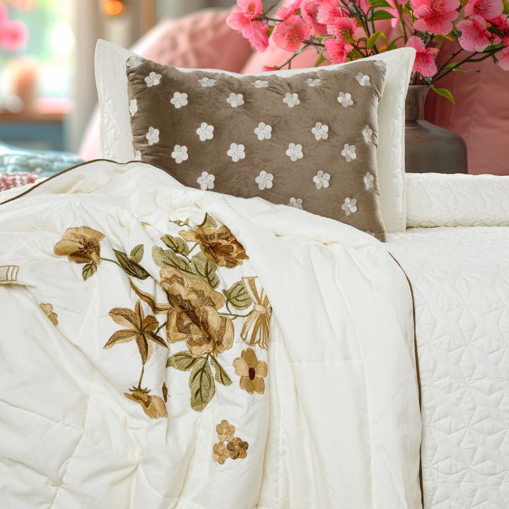 Set of 5 quilted bedding bedcovers with embroidery, Orchid Designer's Choice by The Gharnish, featuring floral patterns and elegant design.