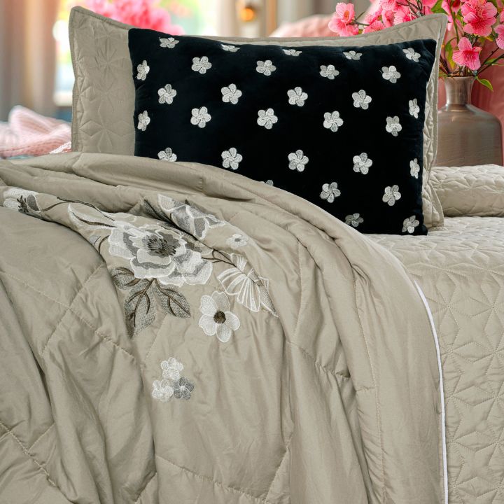 Quilted bedding bedcover with embroidery set of 5pcs in orchid design by The Gharnish, showcasing detailed stitching and elegant fabric.