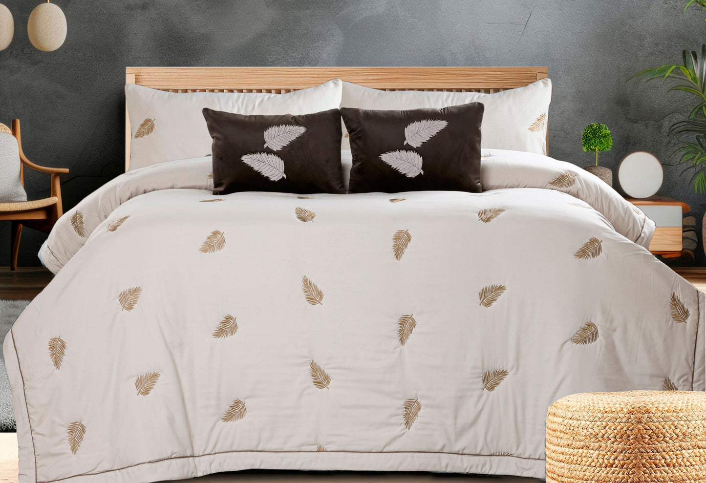 The Gharnish Royale 6-piece all-weather comforter set with elegant embroidery on soft bedding fabric.