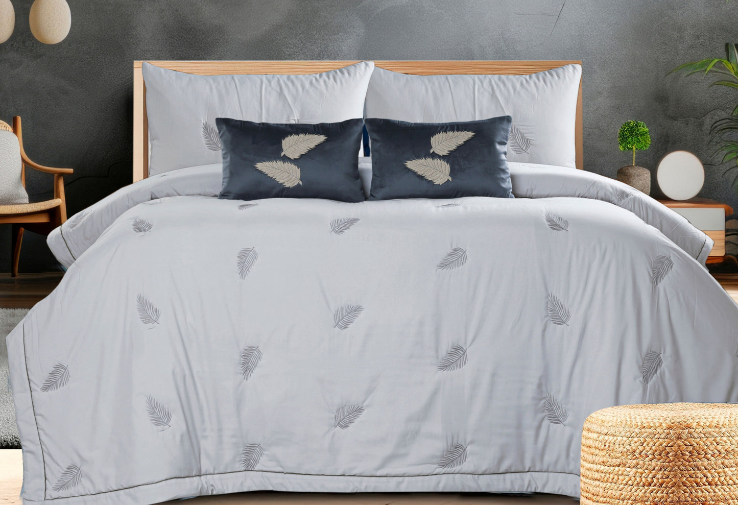 Royale 6-piece all-weather comforter set by The Gharnish featuring intricate embroidery on soft bedding fabric.