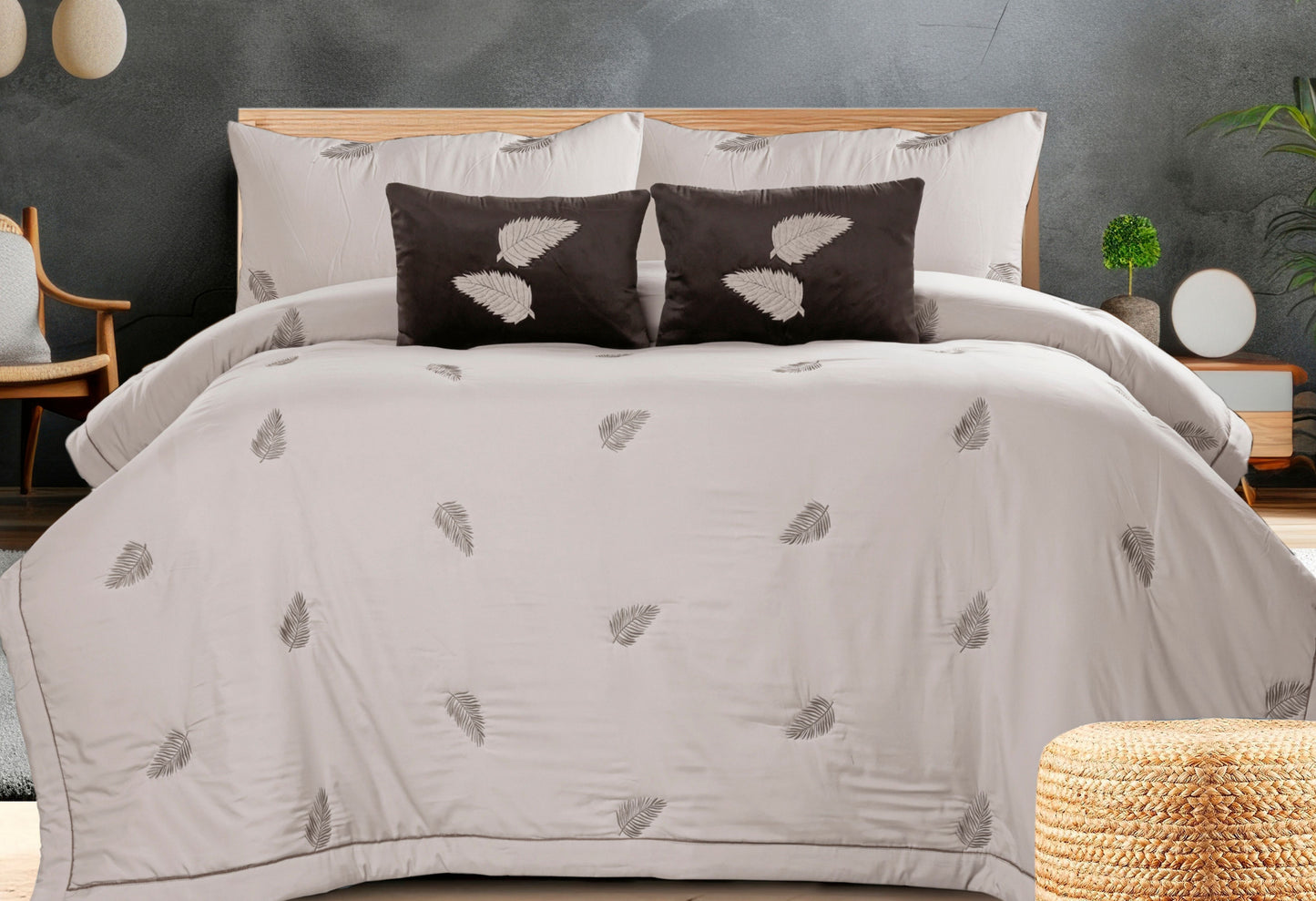 Royale 6-piece all-weather comforter bedding set by The Gharnish with beautiful embroidery, styled for cozy bedroom decor
