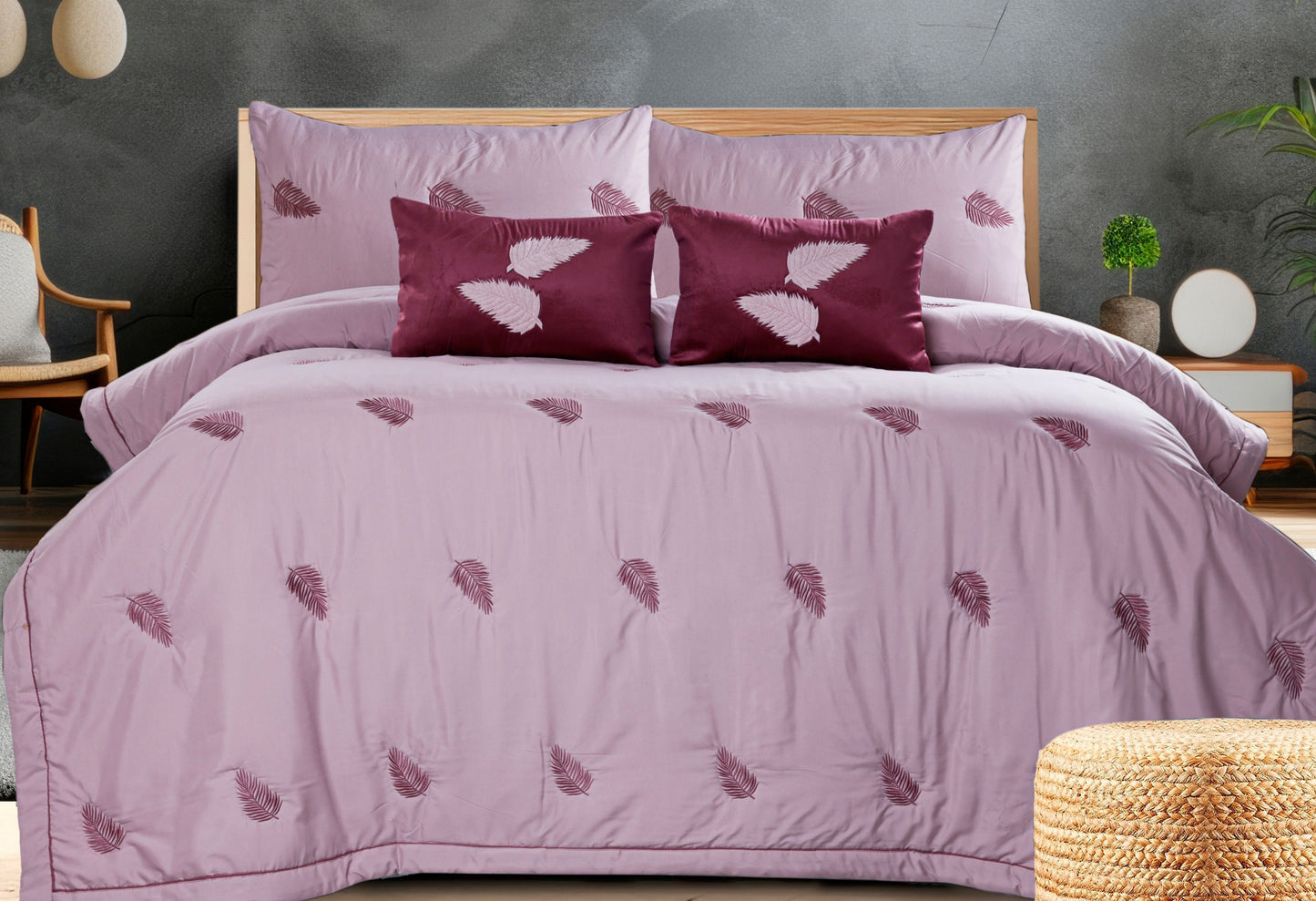 Six-piece all-weather comforter set by The Gharnish featuring beautiful embroidery for cozy, stylish bedding.