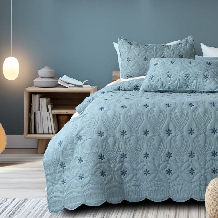 Set of three quilted bedding bedcovers by The Gharnish with unique design, featuring stylish and comfortable fabric for a cozy bedroom.