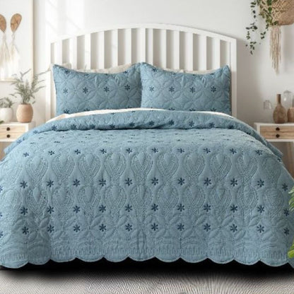 The Gharnish Swrill quilted bedding set of 3 with unique design, including bedcovers and pillowcases, in soft fabric and intricate patterns.