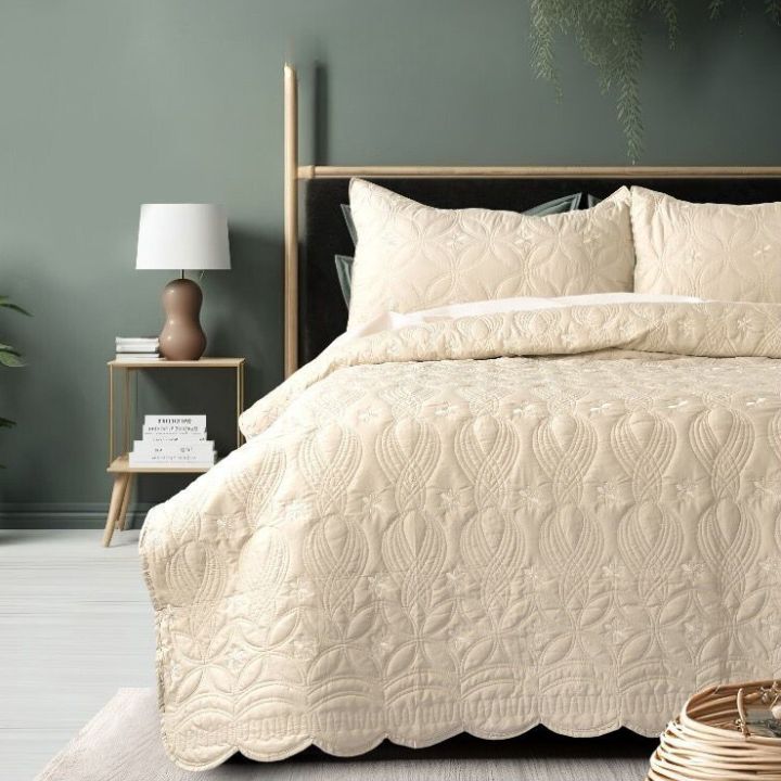 Set of three quilted bedding bedcovers by The Gharnish with unique textured design in cozy, stylish bedding decor.