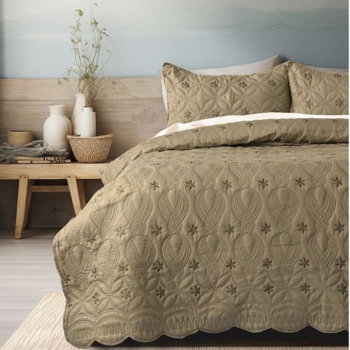 Swrill quilted bedding set of 3 by The Gharnish, featuring unique design bedcovers in a cozy, stylish bedroom setting.