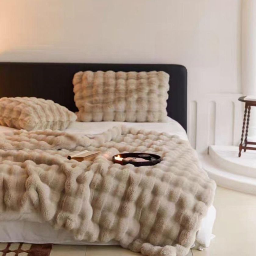 Luxurious rabbit fur double bed winter quilt by The Gharnish, ultra warm and plush blanket designed for cozy winter comfort.