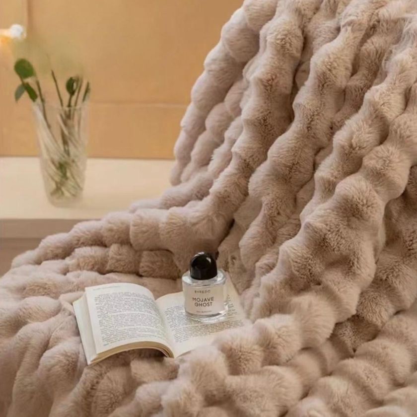 Luxury rabbit fur blanket by The Gharnish, ultra-warm double bed winter quilt with plush, soft fur for cozy comfort.