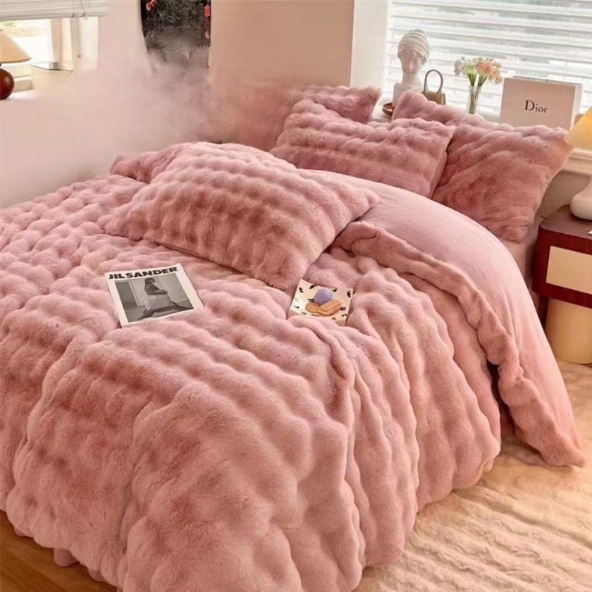 Luxury rabbit fur double bed winter quilt by The Gharnish, ultra warm and plush blanket for cozy winter bedding.