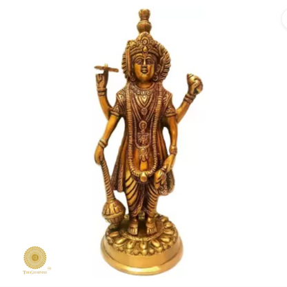 Brass Chakradhari Lord Vishnu statue by The Gharnish, showcasing intricate detailing of the Hindu deity in brass material.