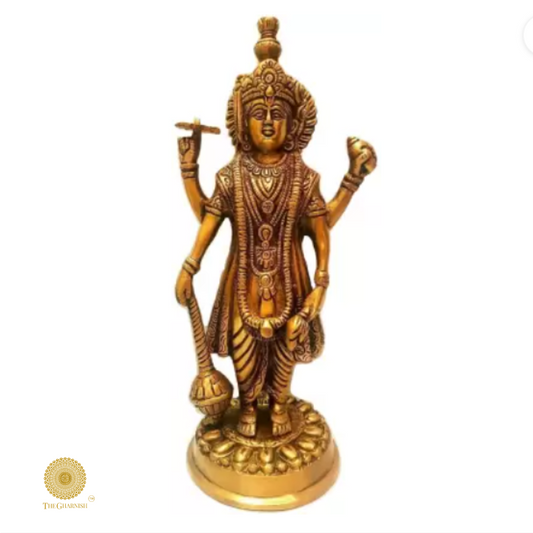Brass Chakradhari Lord Vishnu statue by The Gharnish, showcasing intricate detailing of the Hindu deity in brass material.