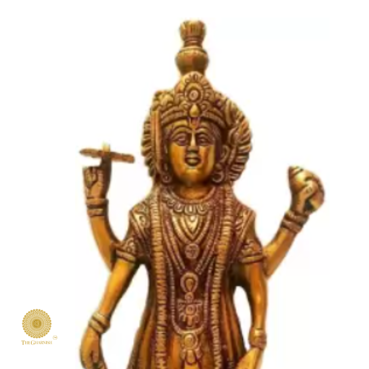 Brass Chakradhari Lord Vishnu statue by The Gharnish, detailed Hindu deity figurine with traditional ornamentation.