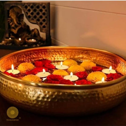 Brass traditional decorative Urli bowl from The Gharnish, used for Pooja and festive home decor.