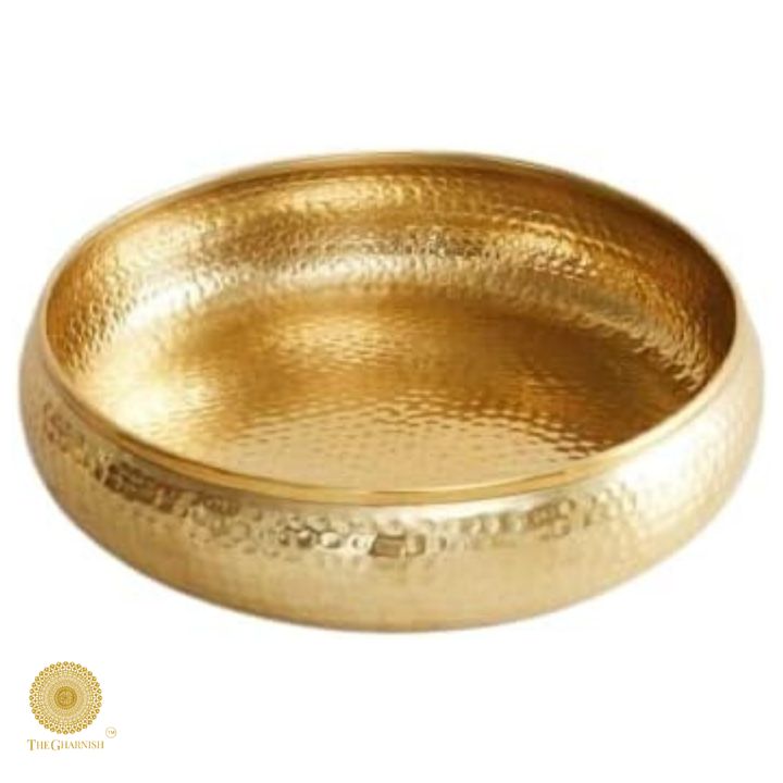 Brass decorative Urli bowl for traditional pooja, with intricate designs, part of The Gharnish brass pooja items collection.