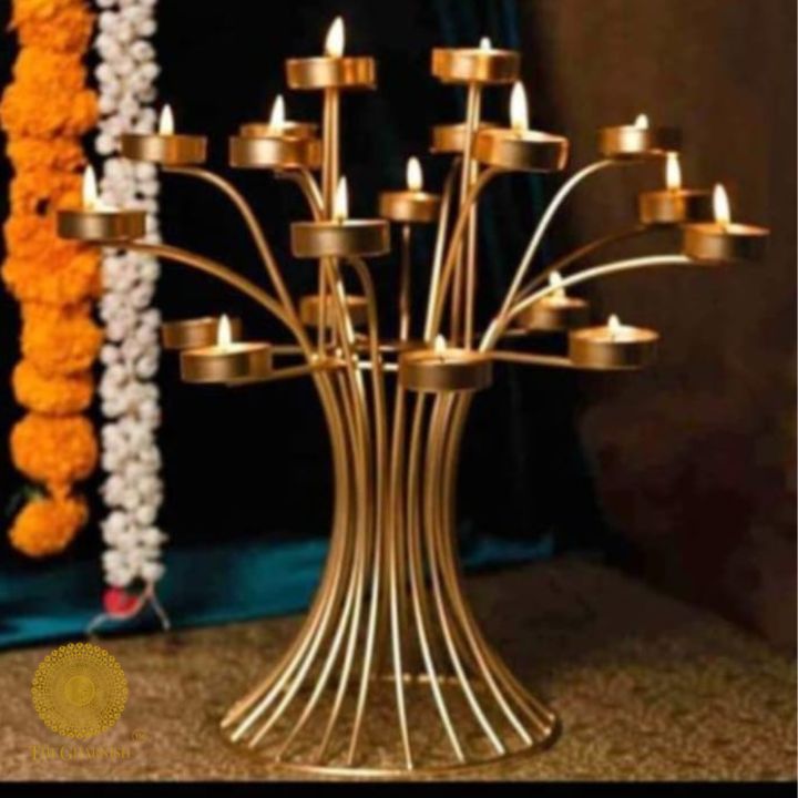 Brass Tree of Lights Diya candle holder from The Gharnish, traditional Pooja item for religious rituals and home decor.
