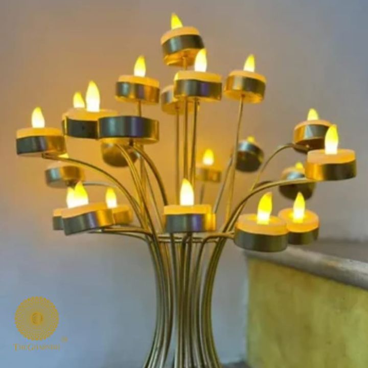 Brass Tree of Lights Diya and Candle Holder from The Gharnish, traditional Hindu pooja brass decor item with intricate design.