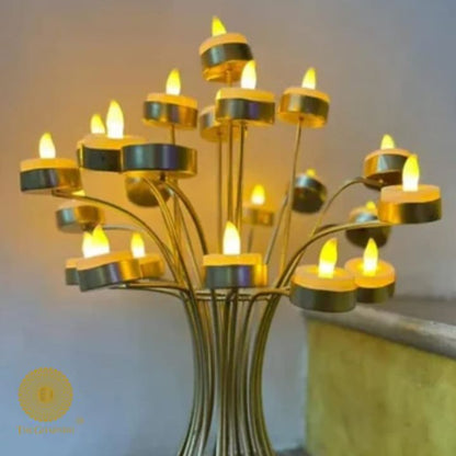 Brass Tree of Lights Diya and Candle Holder from The Gharnish, traditional Hindu pooja brass decor item with intricate design.