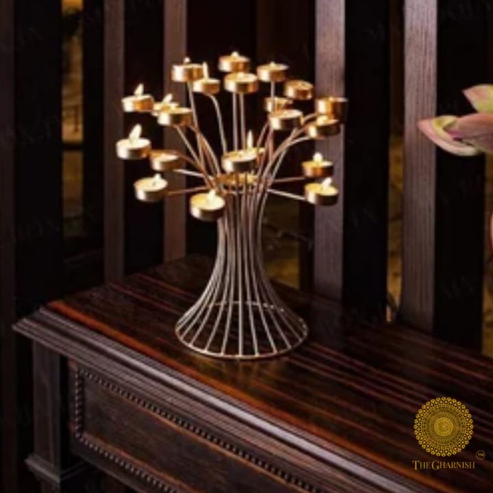 Brass Tree of Lights Diya and Candle Holder from The Gharnish, traditional Pooja item with intricate design for spiritual rituals.