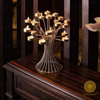 Brass Tree of Lights Diya and Candle Holder from The Gharnish, traditional Pooja item with intricate design for spiritual rituals.