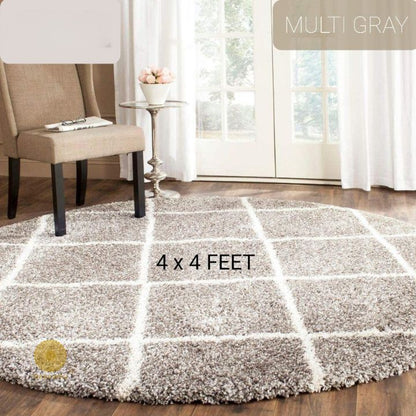 Beige modern round-shaped bedroom and dining carpet by The Gharnish, 2x2 feet, soft textured round rug for home decor.