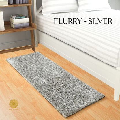 Grey Flurry bedside runner carpet by The Gharnish, featuring soft, plush texture ideal for home decor and hallway accents.