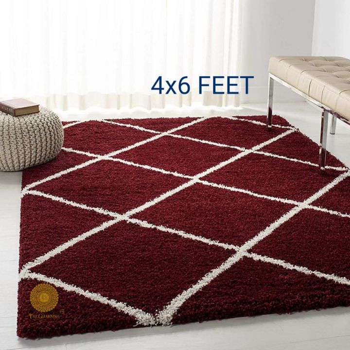 Maroon super soft micropoly carpet by The Gharnish, well-designed 4x6 feet indoor rug with plush texture and elegant pattern.
