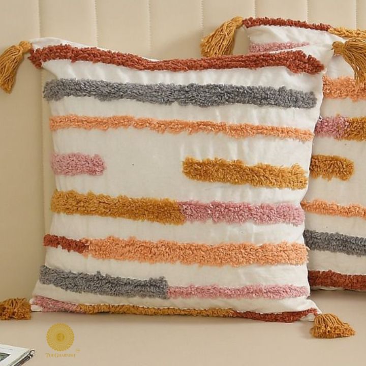 Set of two Bohe handloom cushion covers from The Gharnish, 16x16 inches, featuring vibrant woven fabric for decorative cushions.