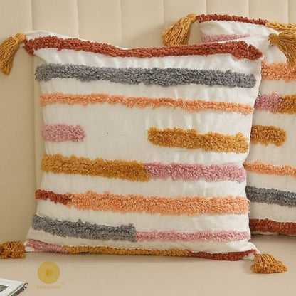 Set of two Bohe handloom cushion covers from The Gharnish, 16x16 inches, featuring vibrant woven fabric for decorative cushions.