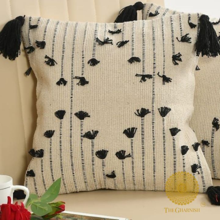 Set of two handcrafted cushion covers with tassels by The Gharnish, 16x16 inch decorative cushion covers.