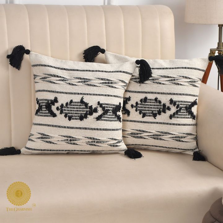 Set of two handcrafted cushion covers with tassels, 16x16 inches, stylish decorative cushions by The Gharnish.