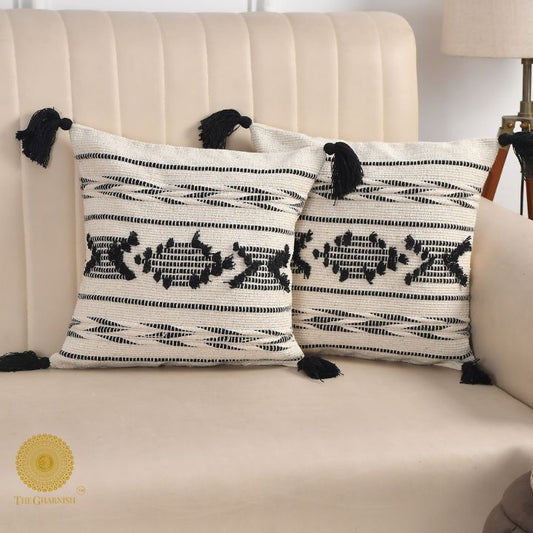 Set of two handcrafted cushion covers with tassels, 16x16 inches, stylish decorative cushions by The Gharnish.