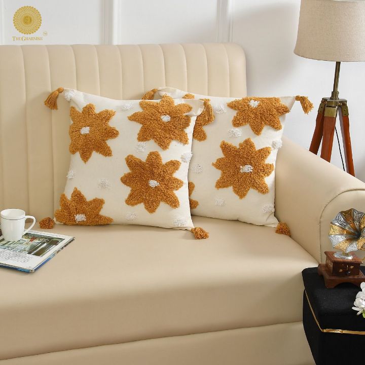 Set of two yellow and white handcrafted cushion covers from The Gharnish, 16x16 inches, premium decorative cushion covers.