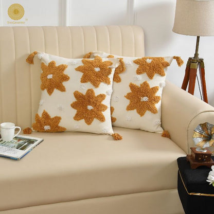 Set of two yellow and white handcrafted cushion covers from The Gharnish, 16x16 inches, premium decorative cushion covers.