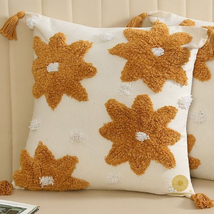 Yellow and white handcrafted cushion covers, set of 2, from The Gharnish, 16x16 inches decorative cushion covers for home decor.
