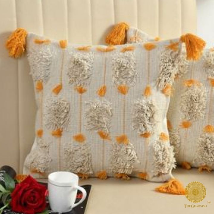 Boho premium cushion covers with tassels by The Gharnish, featuring intricate design and soft fabric for stylish home decor.